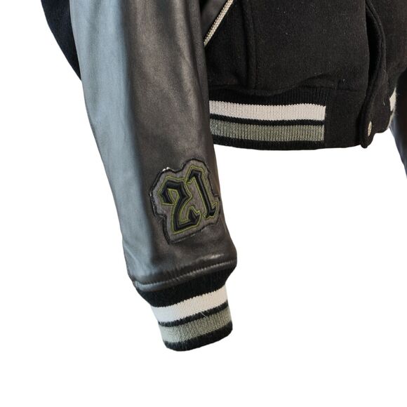 Baby Phat Sz L Vintage Y2k Bomber Jacket Hooded Spell Out Lamb Leather Sleeves - Picture 5 of 16